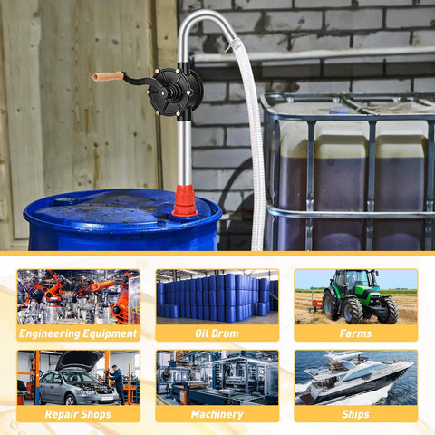 Built Like A Tank Heavy Duty Manual Drum Pump For Quick Slip Free Transfer Of Motor Oil Heating Fluid And Transmission Fluid Fits 15 To 55 Gallon Barrels on a blue oil drum.