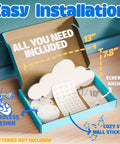 Floating Cloud Wall Lamp For Baby Nursery And Kids Room Battery Operated Cordless Night Light That Hangs Kid Approved With Easy Install Soft Glow Cloud Lamp For Bedroom Decor - package contents with cloud lamp and installation accessories.