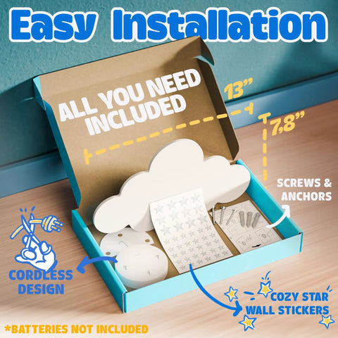 Floating Cloud Wall Lamp For Baby Nursery And Kids Room Battery Operated Cordless Night Light That Hangs Kid Approved With Easy Install Soft Glow Cloud Lamp For Bedroom Decor - package contents with cloud lamp and installation accessories.
