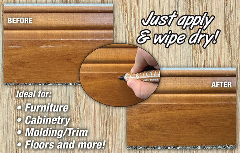 Red Brown Wood Stain Pens 12 Pack with 5mm Chisel Tip Fast Scratch Fix and Touch Up for Wood Furniture Cabinets Doors and Flooring. Before and after furniture repair.