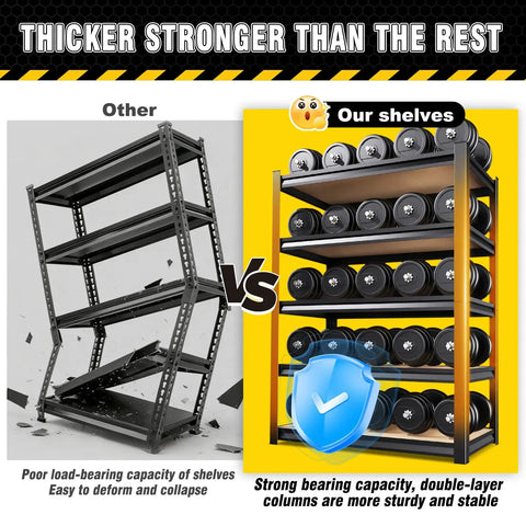 Heavy Duty Garage Shelving Unit With Adjustable Metal Racks, Utility Storage Organizer For Basement Pantry Kitchen And Warehouse, 71.2 Inch High, 28 Inch Wide, 12 Inch Deep, Black showing shelf strength comparison