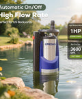 Automatic 1HP Submersible Sump Pump With Built In Float in a pond showing high flow rate for effective drainage.