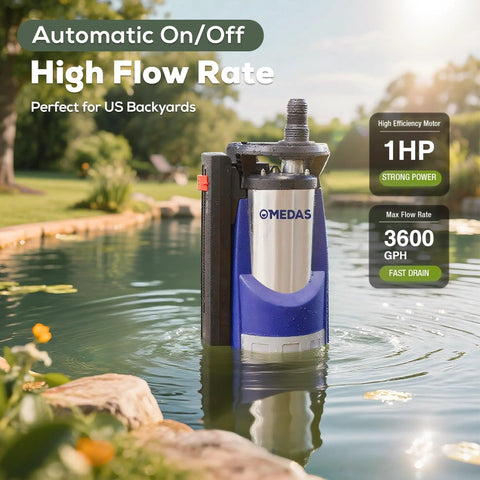 Automatic 1HP Submersible Sump Pump With Built In Float in a pond showing high flow rate for effective drainage.