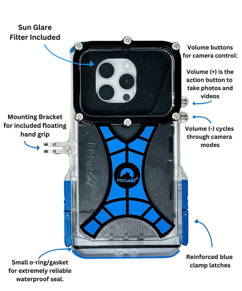 Back view of Dive 2.0 Waterproof iPhone Housing with reinforced blue clamp latches and mounting bracket, showing camera controls.