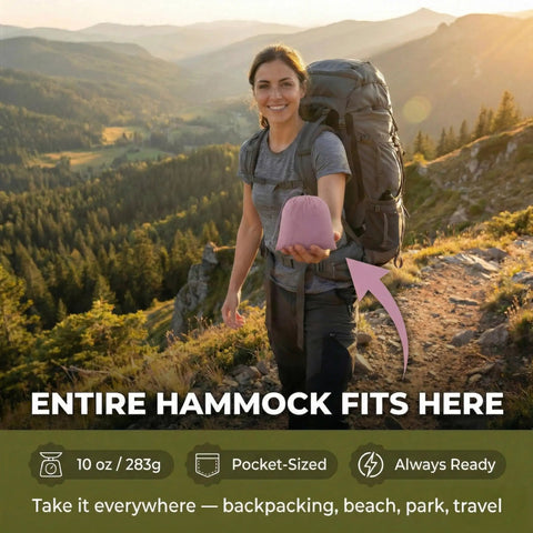 Person holding packed Ultralight Camping Hammock With 600 Lb SGS Certified Capacity, Pack Light At Only 10oz Portable 20D Ripstop Nylon