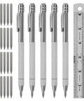 Tough As Nails Tungsten Carbide Scribe Pen With Knurled Aluminum Handle And Built In Magnet For Precise Layout Marking displayed with spare nibs and ruler.