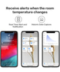 Smartphone screens showing real-time alerts and data graphs for Zigbee Temperature And Humidity Sensor For Home Automation With Wireless Thermometer Hygrometer Remote Monitoring And Apple HomeKit Alexa IFTTT Compatibility Requires Aqara Hub.