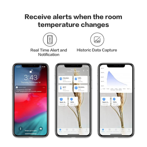 Smartphone screens showing real-time alerts and data graphs for Zigbee Temperature And Humidity Sensor For Home Automation With Wireless Thermometer Hygrometer Remote Monitoring And Apple HomeKit Alexa IFTTT Compatibility Requires Aqara Hub.