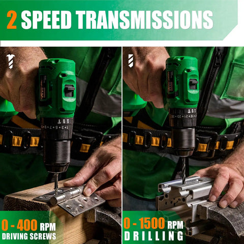 20V Brushless Cordless Drill Kit With Hammer Mode dual speed demo on wood and metal, showing torque adjustments in action
