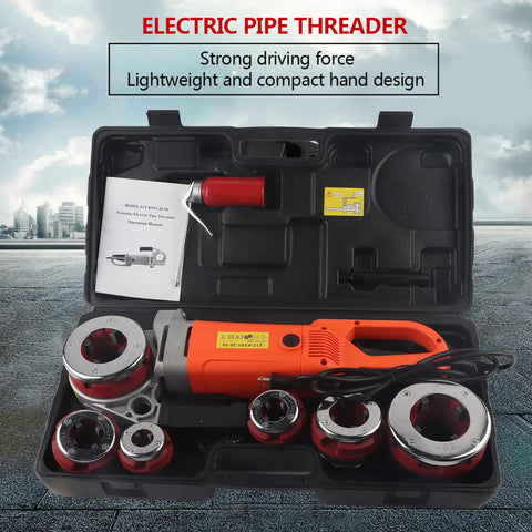 Portable Electric Pipe Threader With Six Swappable Dies For Knocking Out Clean Threads On Steel Pipes built tough in a case.