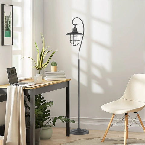 58 Inch Industrial Nautical Floor Lamp With Hanging Cage Shade, Brushed Pewter Finish in modern living room setting