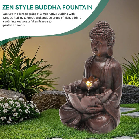 Chill Zen Buddha Outdoor Water Fountain 19 Inch Handcrafted Statue with LED lights, faux bronze finish in garden setting