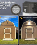Wicked Bright 30W Outdoor Wall Pack Light With 3600 Lumens And 5000K Daylight LED Flood Lighting Dusk To Dawn Sensor 120V IP65 Waterproof UL Listed shown on a shed; automatic on/off functionality displayed