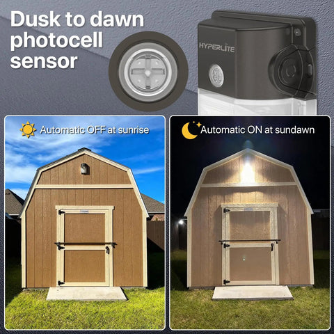 Wicked Bright 30W Outdoor Wall Pack Light With 3600 Lumens And 5000K Daylight LED Flood Lighting Dusk To Dawn Sensor 120V IP65 Waterproof UL Listed shown on a shed; automatic on/off functionality displayed