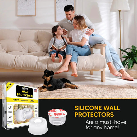12 Pack Clear Silicone Door Bumpers And Self Adhesive Wall Guards For Cabinets And Drawers on a living room floor.