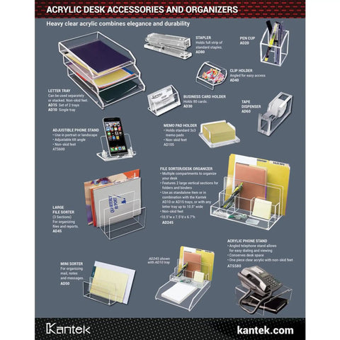 Display of various acrylic desk accessories including Clear Acrylic Office Tape Dispenser For Desktop Use Fits Standard Three Quarter Inch Refill Rolls With Non Skid Feet For One Handed Dispensing A Sleek Desk Organizer Accessory With Durable Polished Look.