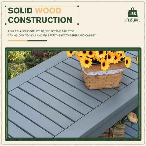 Top view of Two Tier Outdoor Storage Cabinet In Acacia Wood With Two Magnetic Doors And A Third Tier Storage Box Built Tough For Outdoor Use Great For Garden Patio Picnic Buffet TV Stand Or Bar Table In Grey showing solid wood construction.