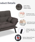 Close-up of Cozy Convertible Futon Sofa Bed With 71 Inch Frame Memory Foam Couch Detachable Cushions Adjustable Backrest Linen