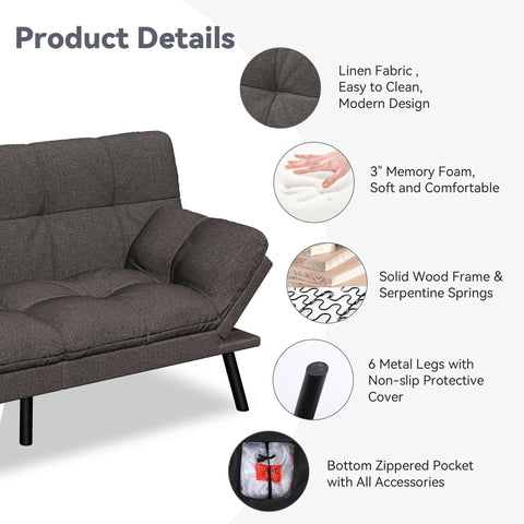 Close-up of Cozy Convertible Futon Sofa Bed With 71 Inch Frame Memory Foam Couch Detachable Cushions Adjustable Backrest Linen