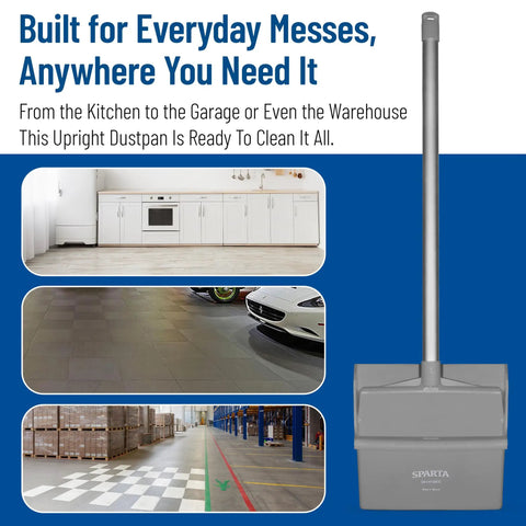 Workhorse Upright Dustpan With 30 Inch Aluminum Handle And Serrated Combing Lip For Straight Up Commercial Cleaning Zero Kneeling Required Locking Yoke Mechanism In Matte Gray displayed in kitchen, garage, and warehouse settings.