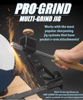 Pro Grind Multi-Grind lathe tool sharpening jig attached to a bar; black metal body with wooden handle.