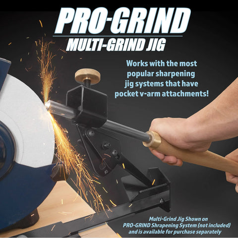 Pro Grind Multi-Grind lathe tool sharpening jig attached to a bar; black metal body with wooden handle.