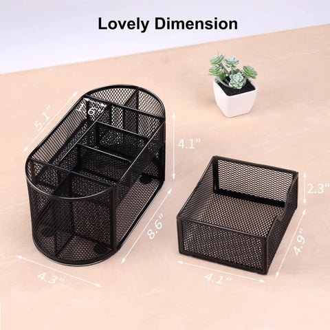 Mesh Desk Organizer With Eight Compartments And One Drawer Pencil Holder dimensions display with plant in background