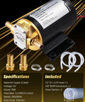 12V Oil Extractor Pump With 3.2 GPM Electric Gear Oil Transfer And Scavenge Pump showing specifications and included accessories.