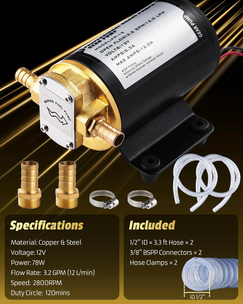 12V Oil Extractor Pump With 3.2 GPM Electric Gear Oil Transfer And Scavenge Pump showing specifications and included accessories.