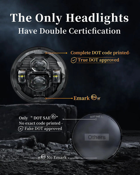 Comparison of 7 Inch Round LED Headlights Upgrade With Anti Glare Tech featuring DOT and Emark certifications.