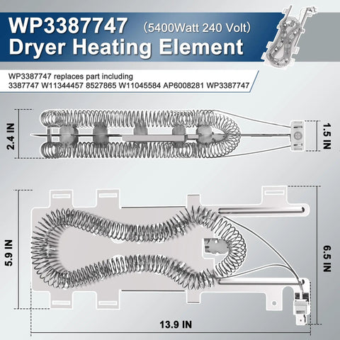 Top view of WP3387747 Dryer Heating Element showing coil dimensions and specifications.