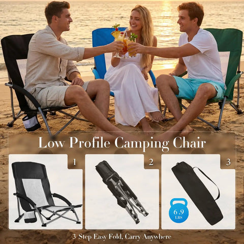 People enjoying beach in Low Profile Camping Beach Chair With Cup Holder, Storage Pocket, lightweight foldable outdoor chair.