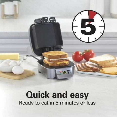 Hamilton Beach Sandwich Stacker Toaster Oven Grilling Machine for Homemade Hot Pizzas, Melts, and Subs with timer and nonstick plate.