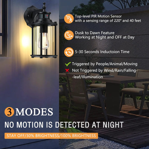 Motion Sensor Outdoor Wall Lights 12.5 Inch Dusk To Dawn Waterproof Matte Black Sconce With Ribbed Glass Shade And E26 Socket For Porch Patio Garage 2-Pack with PIR sensor features visible