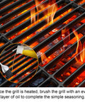 Turn Up The Heat For Your Backyard BBQ Bash With Premium Durable Heat Resistant Enamel Cast Iron Cooking Grid Grates For Four Burner Gas Grill 2 Pack, with flames showing and oil application.