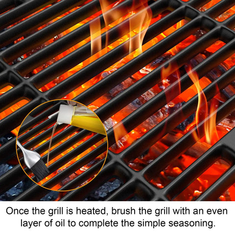 Turn Up The Heat For Your Backyard BBQ Bash With Premium Durable Heat Resistant Enamel Cast Iron Cooking Grid Grates For Four Burner Gas Grill 2 Pack, with flames showing and oil application.