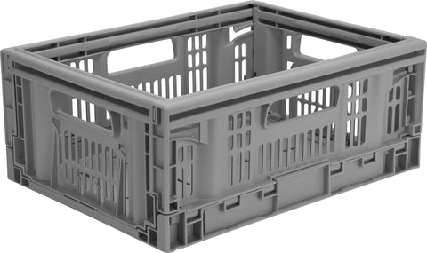 Must-Have Collapsible Utility Crates Set Of 3 Grey 15.8L Stackable Folding Storage Bins Heavy-Duty Capacity, one crate shown open.