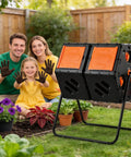 Family in garden with 170L Outdoor Compost Tumbler With Ventilation System For Easy No Fuss Continuous Turning 45 Gallon