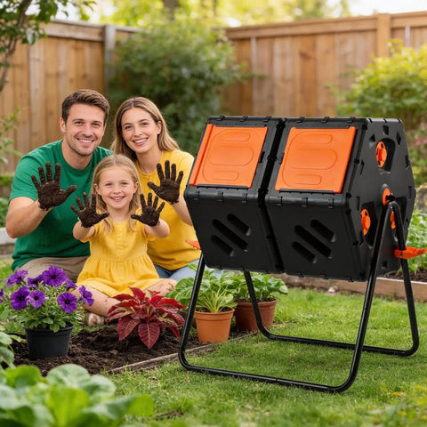Family in garden with 170L Outdoor Compost Tumbler With Ventilation System For Easy No Fuss Continuous Turning 45 Gallon