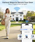 Woman using phone with app control for Smart WiFi Fingerprint Front Door Lock with App Control and Voice Assistants 6 In 1 Keyless Entry
