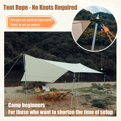 Camping Rope With Ratchet Pulley For Grab-And-Go Quick Setup tent used in an outdoor canopy setup by a river and trees