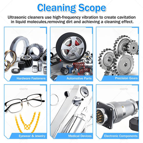Heavy Duty Ultrasonic Cleaner With Stainless Steel Tank And Heater For Jewelry Watches Rings Eyeglasses Hella Powerful 40KHz Tech showcasing various cleaning applications.