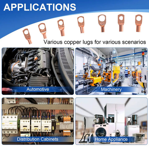 All-In-One Copper Wire Lugs and Ring Terminal Kit With Heat Shrink Tubing applications in automotive, machinery, cabinets, appliances