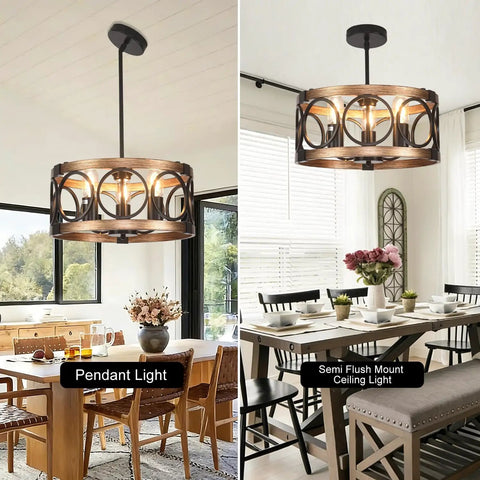 Six Light Dining Room Chandelier Over Table With Adjustable Height in Black, farmhouse drum pendant light in dining area