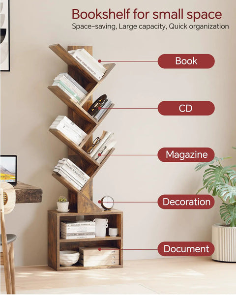 Six Tier Tree Bookshelf With Storage Cabinet For Small Spaces, narrow floor-standing book rack in rustic brown.