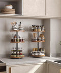 3-Tier Lazy Susan Organizer with Rotating Turntable Spice Rack on kitchen countertop, rustic brown and black finish, fully stocked