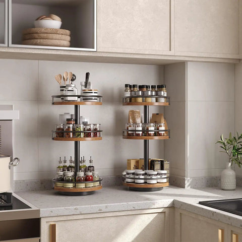 3-Tier Lazy Susan Organizer with Rotating Turntable Spice Rack on kitchen countertop, rustic brown and black finish, fully stocked