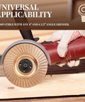 5 Piece Wood Carving Disc Set For 4 Inch Or 4.5 Inch Angle Grinders With Five Eighths Inch Arbor Universal Wrench Includes Reducing Bushing To Fit M10 And Wood Shaping Cutting Wheels And Grinding Disks For DIYers in use on a wooden board
