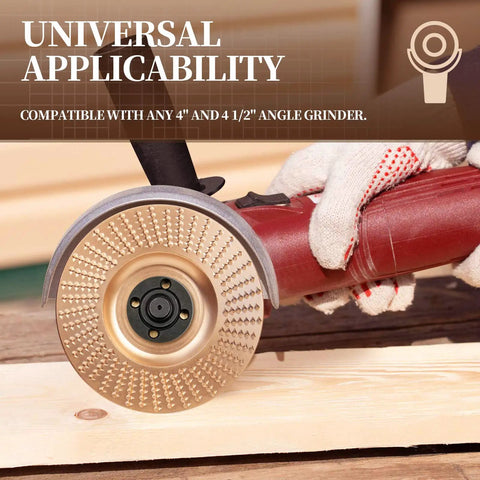 5 Piece Wood Carving Disc Set For 4 Inch Or 4.5 Inch Angle Grinders With Five Eighths Inch Arbor Universal Wrench Includes Reducing Bushing To Fit M10 And Wood Shaping Cutting Wheels And Grinding Disks For DIYers in use on a wooden board
