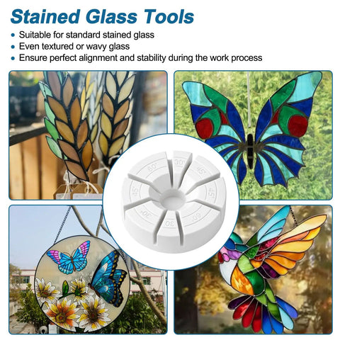 Rock Solid Glass Multi Angle Jig For Stained Glass Art Projects With 3D Soldering Station And Adjustable Copper Foil Vise shown with tools for perfect alignment.